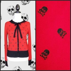 Jawbreaker Retro Red & Black Polka-Skulls Peter Pan Collar Cardigan Sweater L